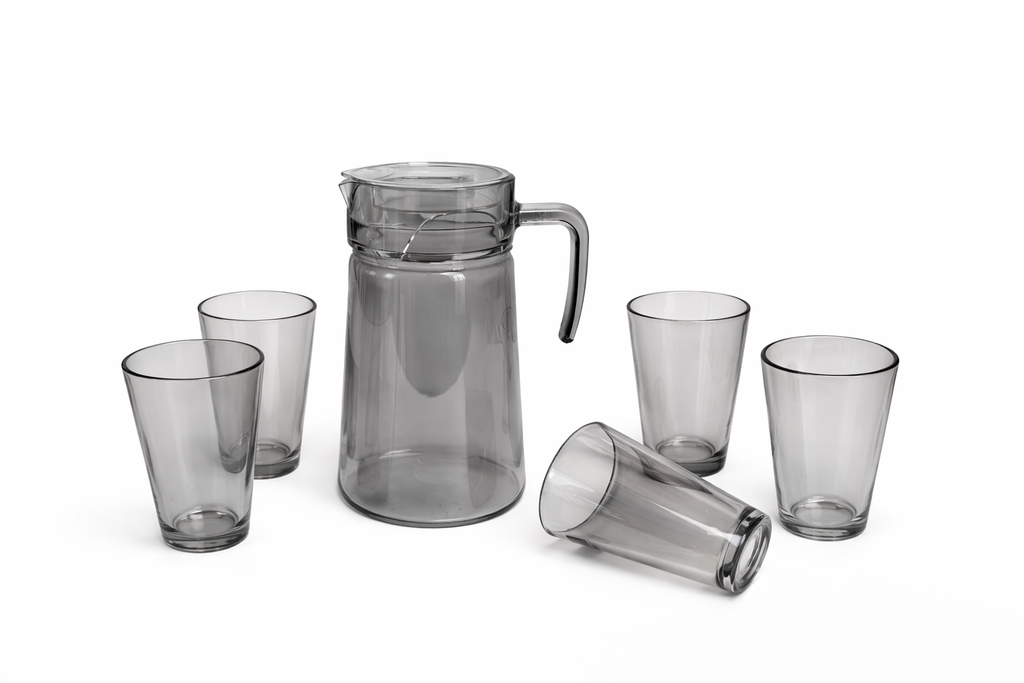 Deli Glassware - Water Jug Set with 6 Glasses 1 Jug (GREY)