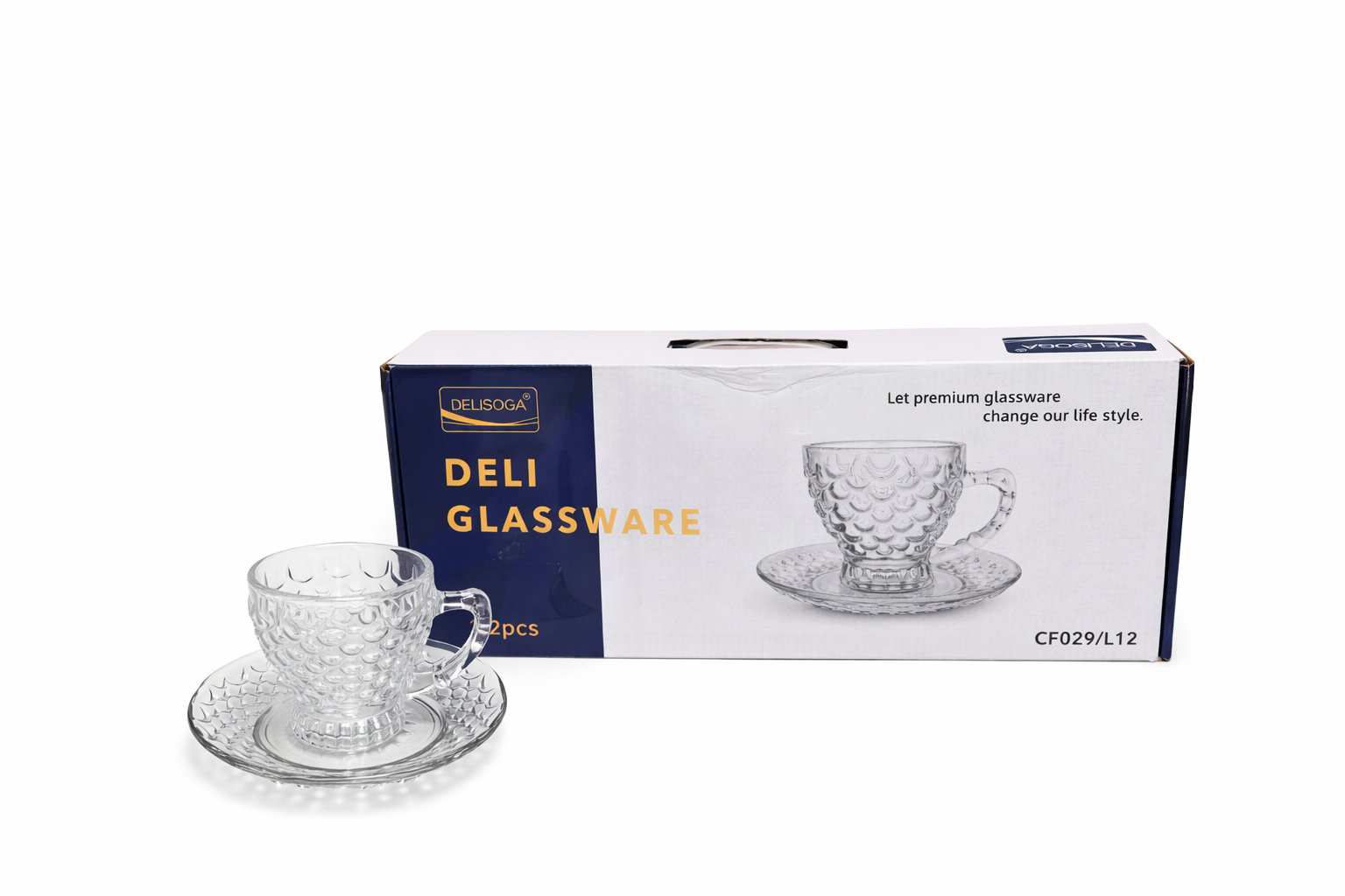 Delisoga TEXTURED Glass Tea Cup and Saucers Set 6pcs