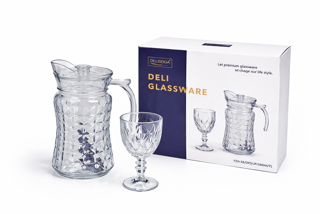 Deli Glassware - Water Jug Set with 6 Glasses 1 Jug