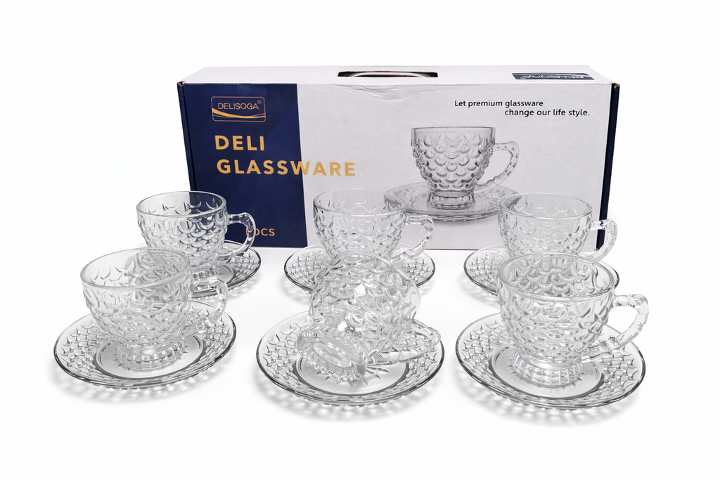 Delisoga TEXTURED Glass Tea Cup and Saucers Set 6pcs