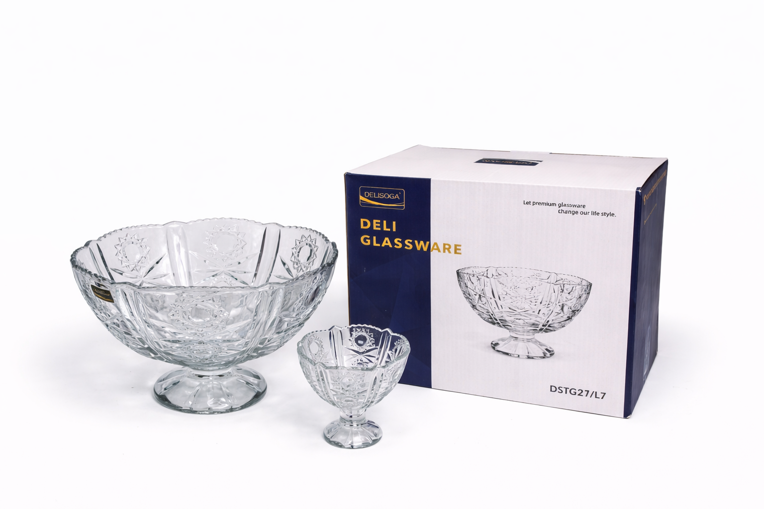 DELISOGA Glass Ice-Cream Bowls Set 7pcs 1x Large 6x Small Bowls