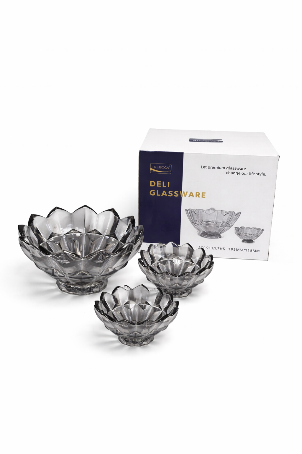 DELISOGA Textured Glass Fruit Bowl Set 7pcs (GREY)