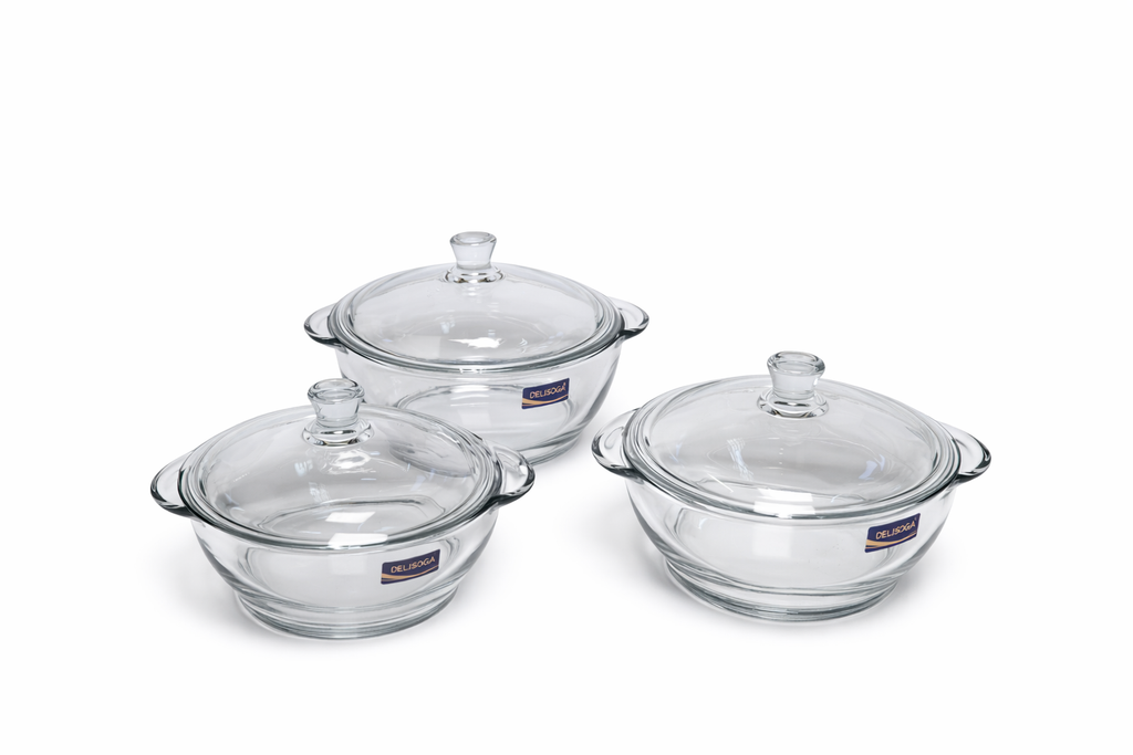Delisoga Casserole/Donga Glass Lid Transparent SET - 3Pcs 1.5 Liter Capacity Premium Quality Imported