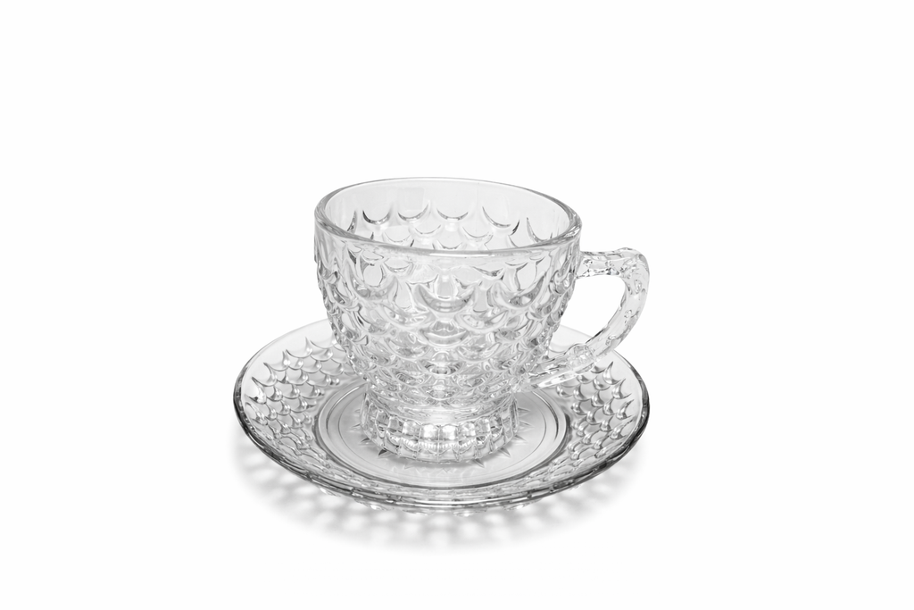 Delisoga TEXTURED Glass Tea Cup and Saucers Set 6pcs