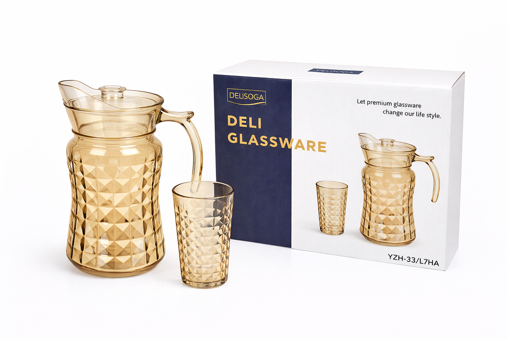 Deli Glassware - Water Jug Set with 6 Glasses 1 Jug (GOLDEN)