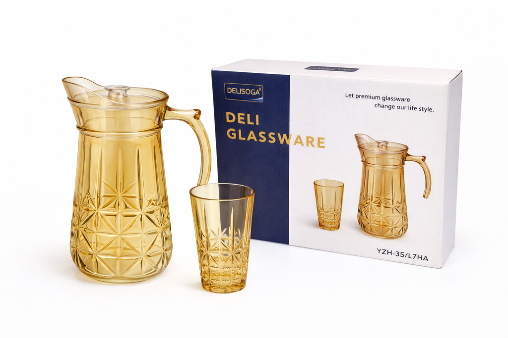 Deli Glassware - Water Jug Set with 6 Glasses 1 Jug (GOLDEN)