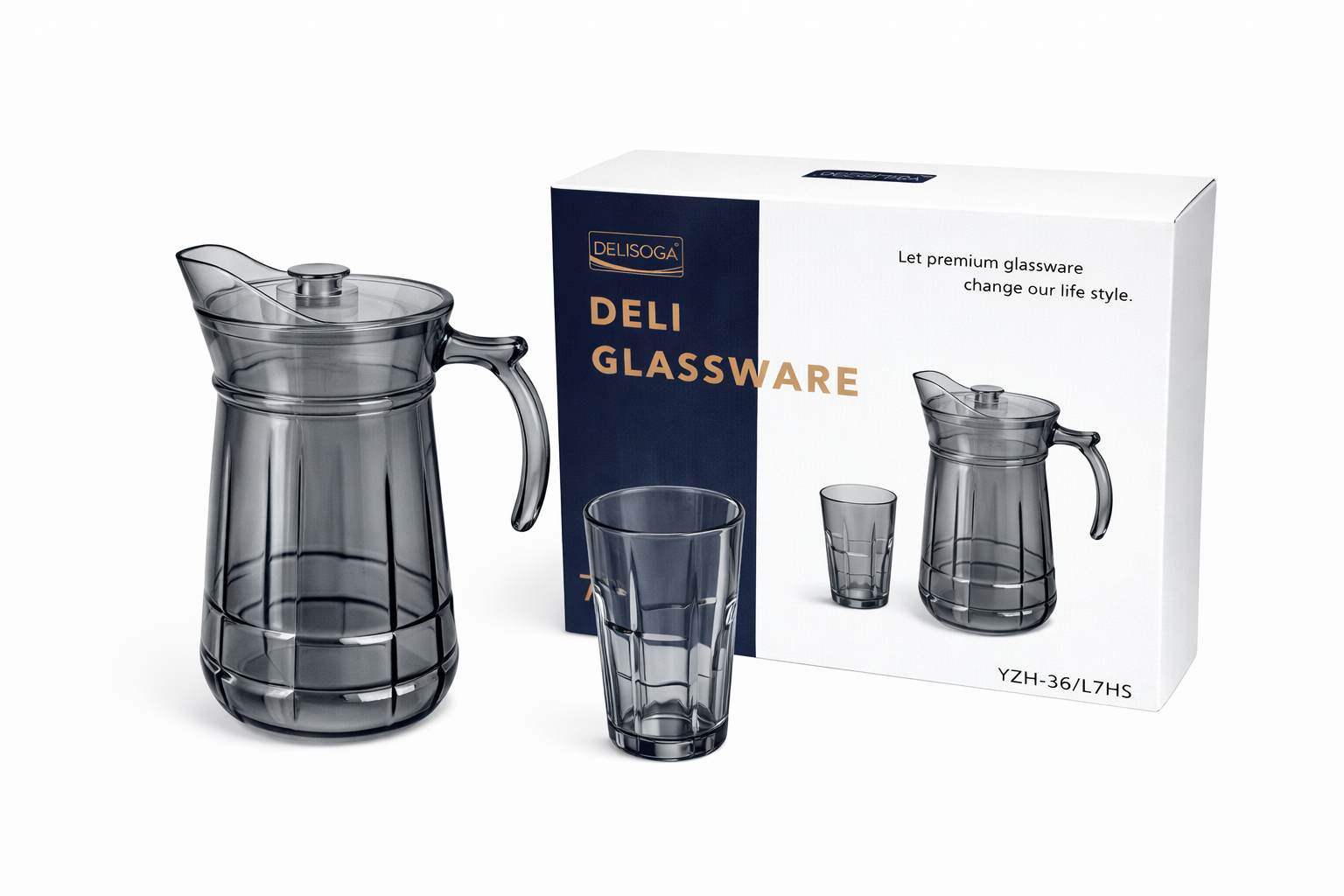 Deli Glassware - Water Jug Set with 6 Glasses 1 Jug (GREY)