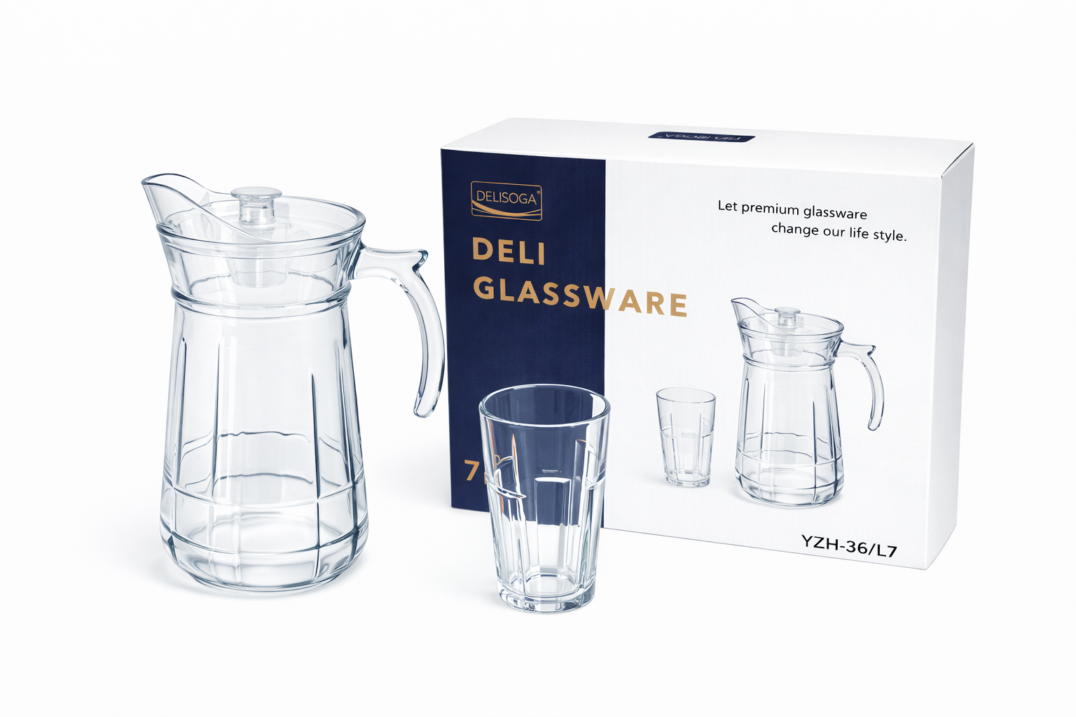 Deli Glassware - Water Jug Set with 6 Glasses 1 Jug