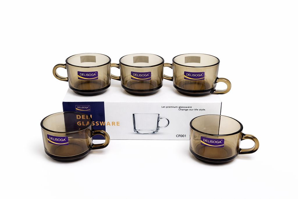 Delisoga Glass Tea Cup and Saucers Set 6pcs (BROWN)