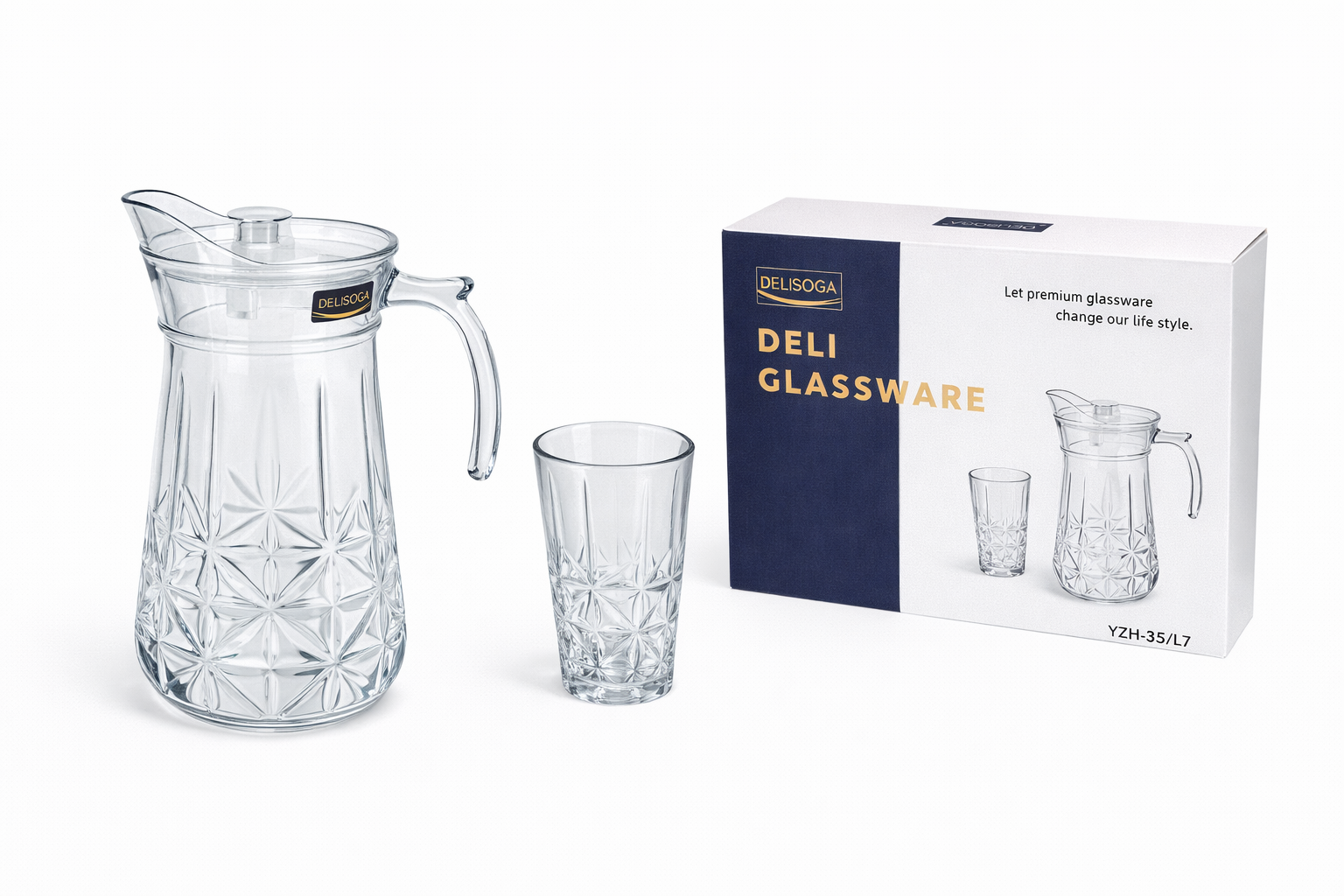 Deli Glassware - Water Jug Set with 6 Glasses 1 Jug