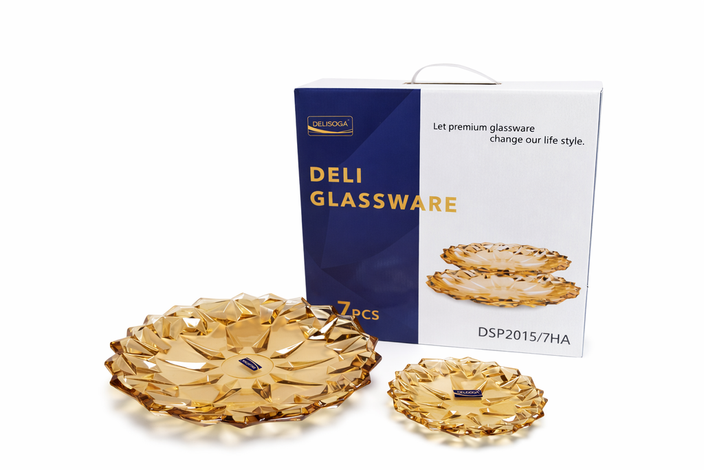 Delisoga Glass Cake Set (GOLDEN) 1 Large + 6 Plates