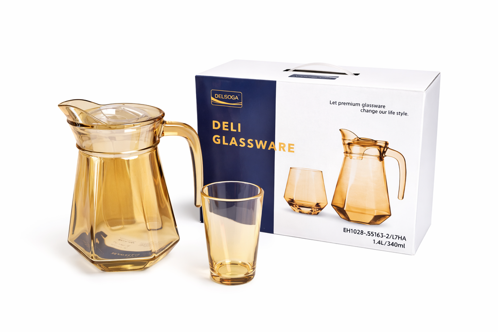 Deli Glassware - Water Jug Set with 6 Glasses 1 Jug (GOLDEN)