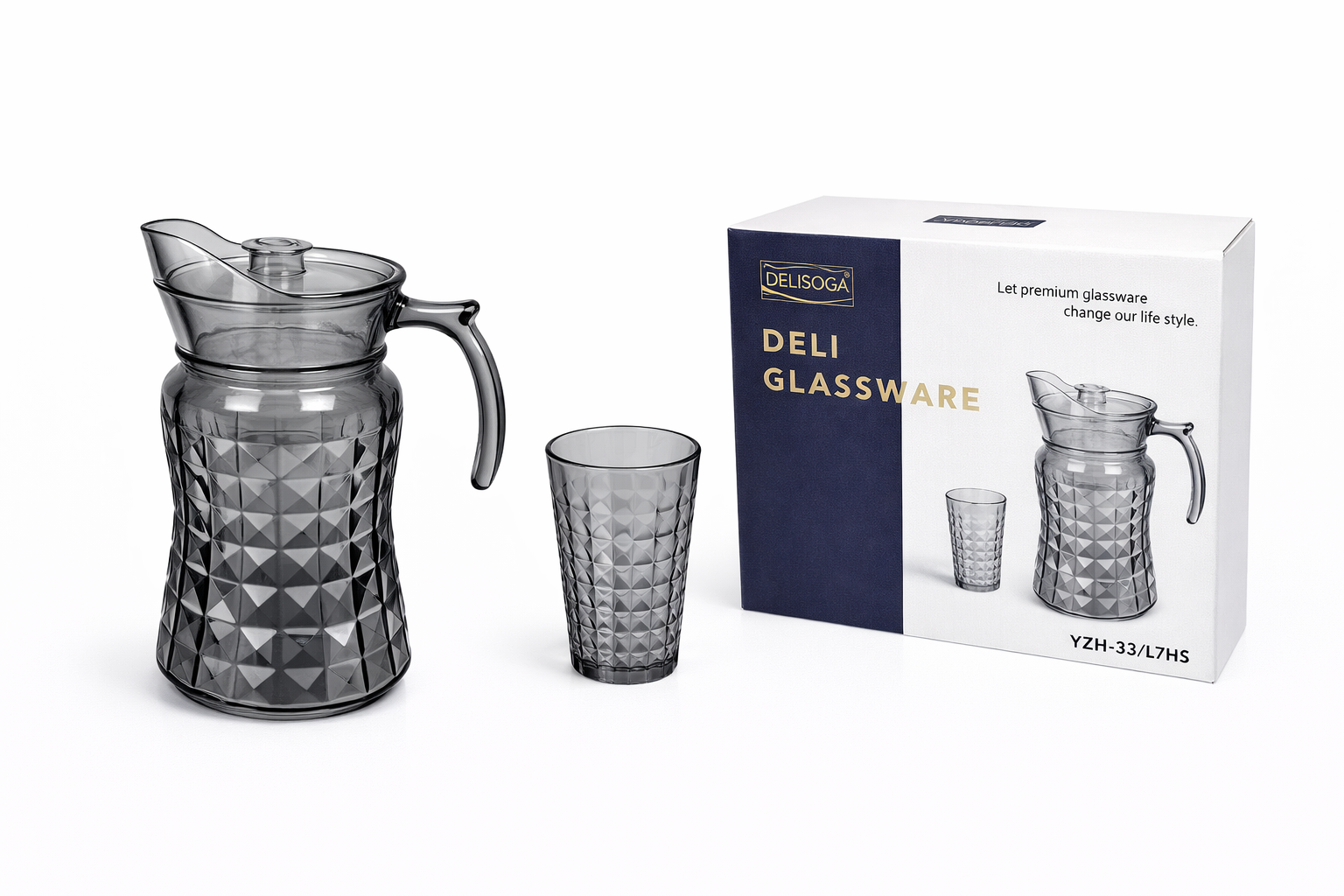 Deli Glassware - Water Jug Set with 6 Glasses 1 Jug (GREY)