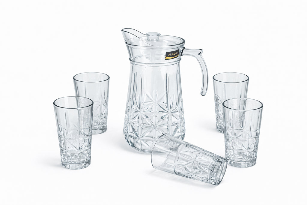 Deli Glassware - Water Jug Set with 6 Glasses 1 Jug