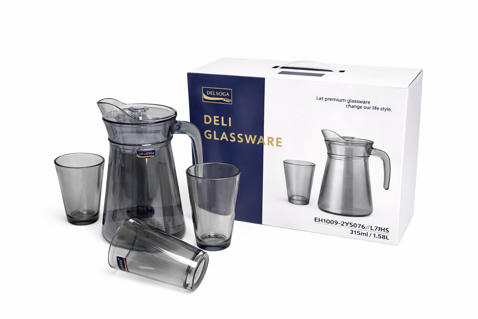 Deli Glassware - Water Jug Set with 6 Glasses 1 Jug (GREY)