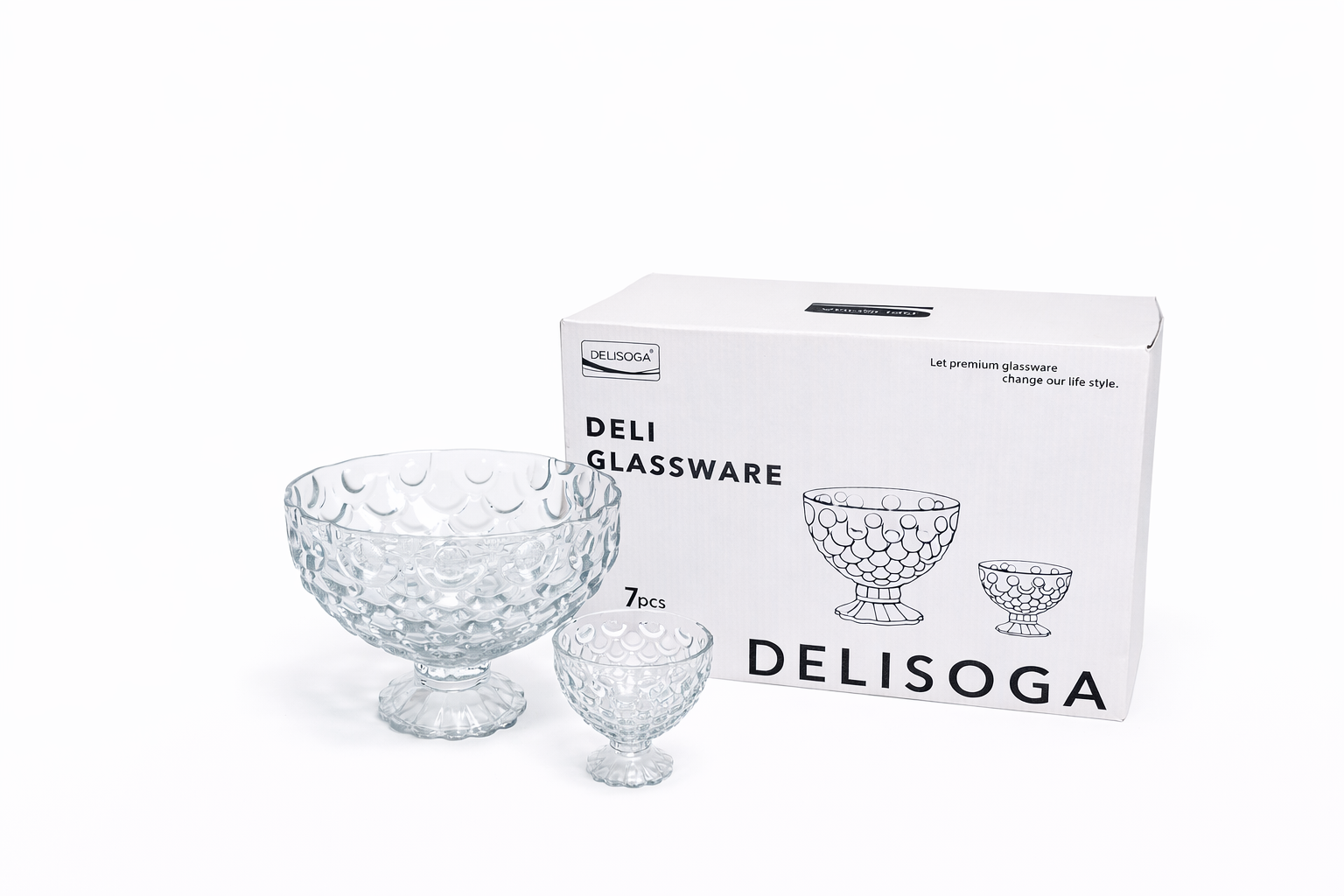 DELISOGA Glass Ice-Cream Bowls Set 7pcs 1x Large 6x Small Bowls