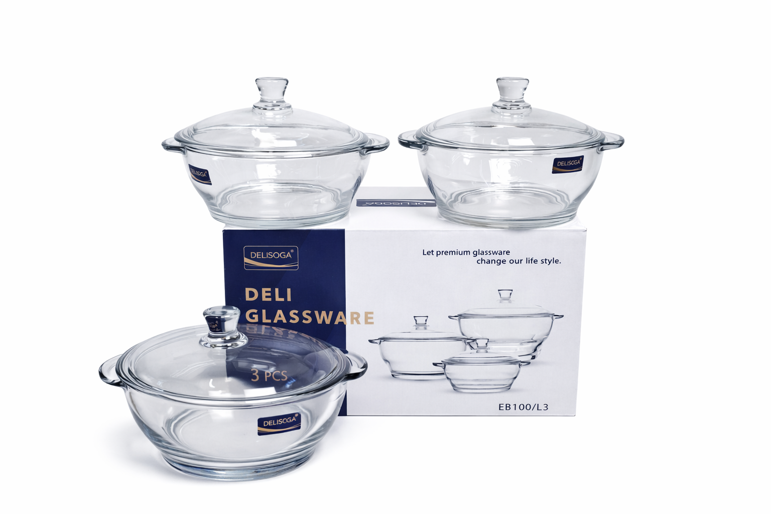 Delisoga Casserole/Donga Glass Lid Transparent SET - 3Pcs 1.5 Liter Capacity Premium Quality Imported