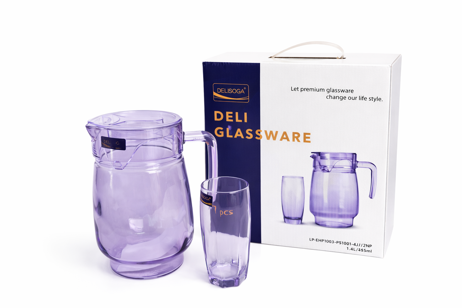 Deli Glassware - Water Jug Set with 6 Glasses 1 Jug (PURPLE)