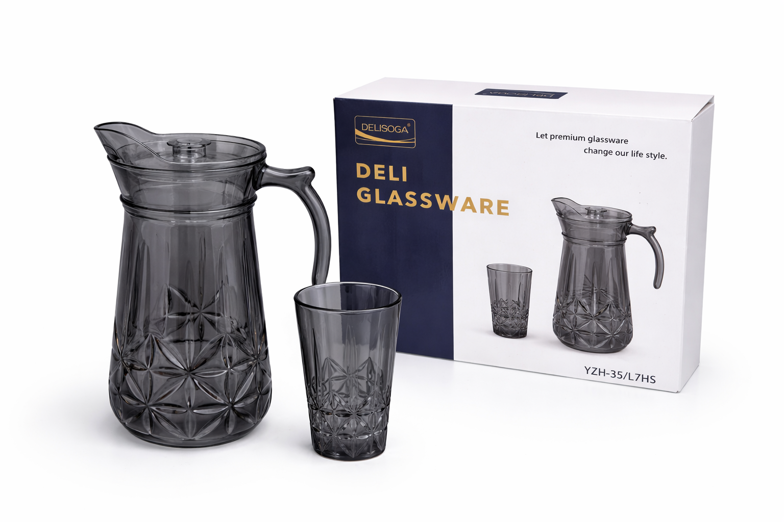 Deli Glassware - Water Jug Set with 6 Glasses 1 Jug (GREY)