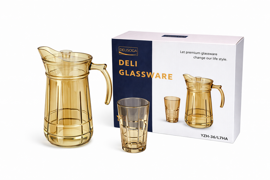 Deli Glassware - Water Jug Set with 6 Glasses 1 Jug (GOLDEN)