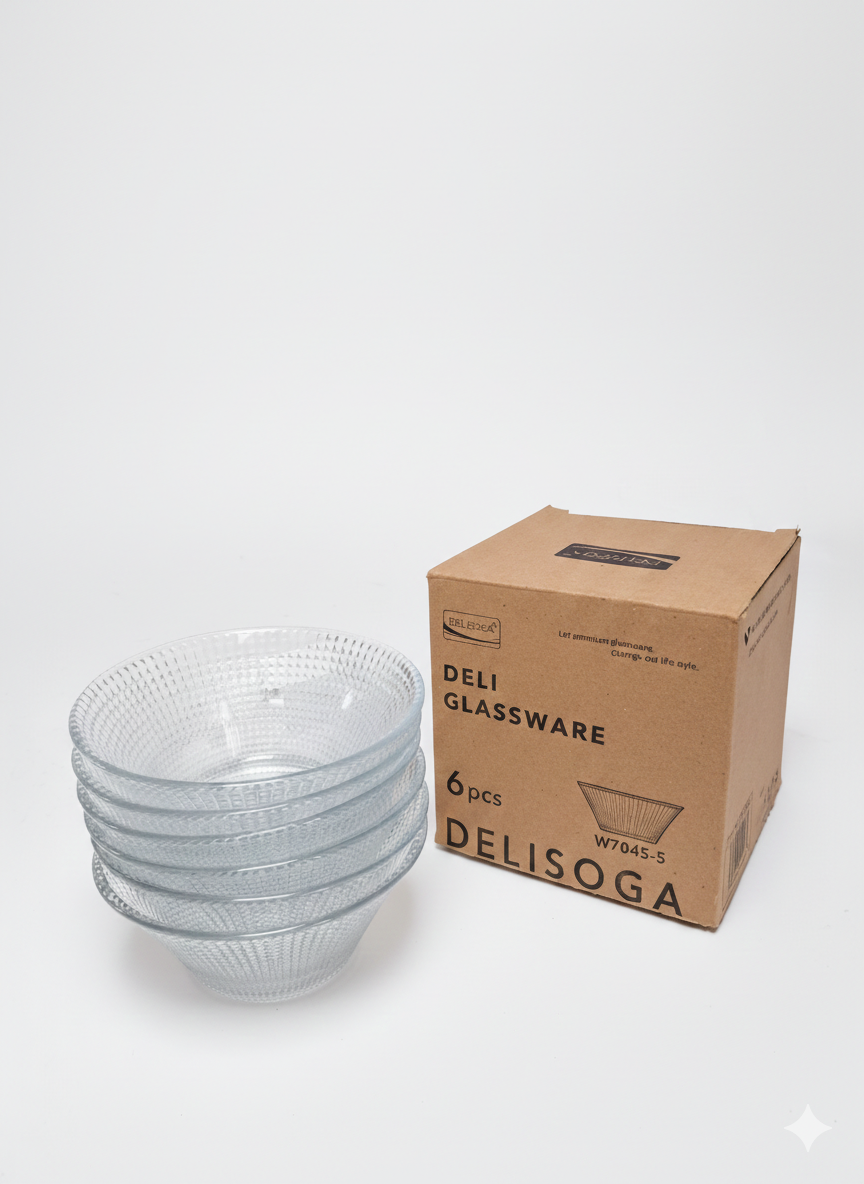 Deli Glassware Textured Clear Glass Bowl Set – 6 Pieces, 124 mm