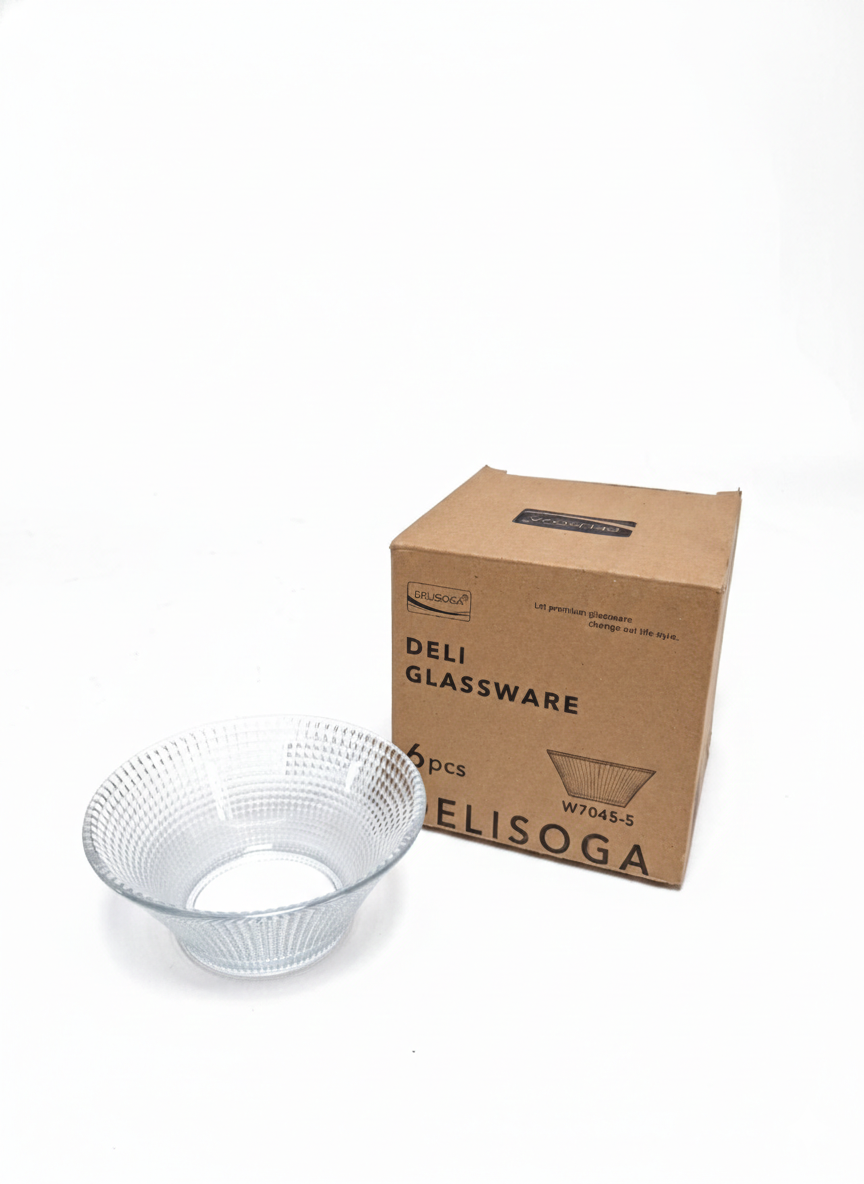 Deli Glassware Textured Clear Glass Bowl Set – 6 Pieces, 124 mm