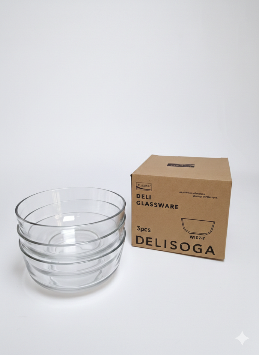 Delisoga Glass Transparent Medium Bowl Set – 3pc